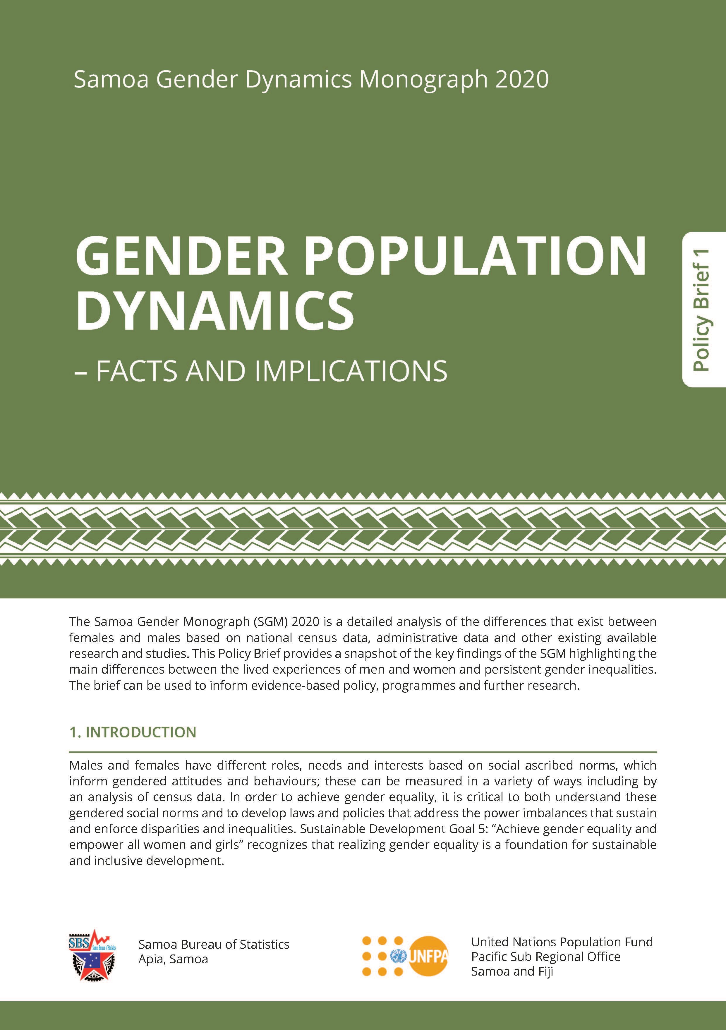 Samoa Gender Dynamics Monograph 2020 GENDER POPULATION DYNAMICS – FACTS AND IMPLICATIONS