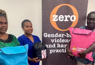 Participants of the UNFPA-supported MISP training in Honiara, the Solomon Islands, carrying Pacific-customized Dignity Kit, Wome