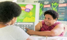 Sister Maopa Nainima, one of the retired Midwives providing counselling sessions at one of the UNFPA-supported "Women Friendly Spaces" (WFSs) in Fiji. WFSs offer women a safe space to take refuge and receive information on GBV, SRH including family planning. Sister Maopa Nainima, one of the retired Midwives providing counselling sessions at one of the UNFPA-supported "Women Friendly S