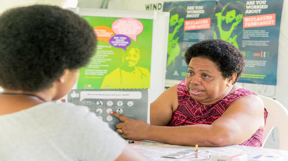 Sister Maopa Nainima, one of the retired Midwives providing counselling sessions at one of the UNFPA-supported "Women Friendly S