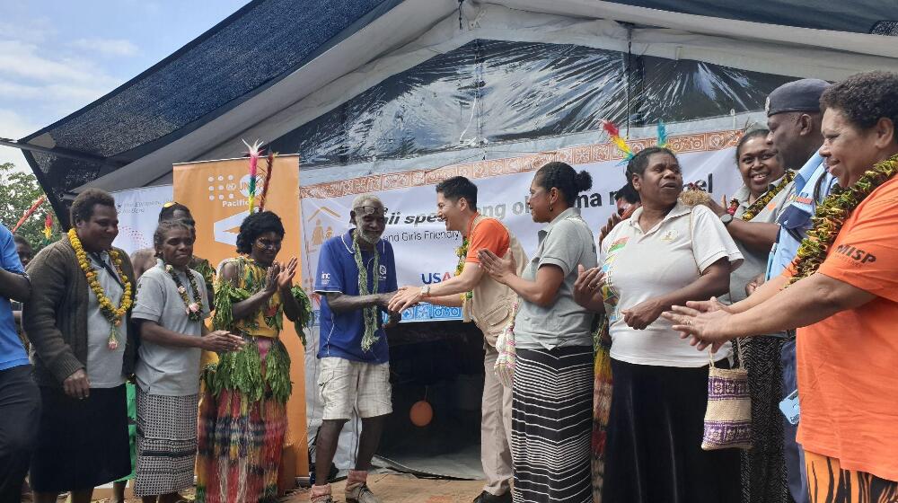 UNFPA Director, Iori Kato joining the community launch of Vanuatu’s first ever Women and Girls Friendly Space in Lenaken village