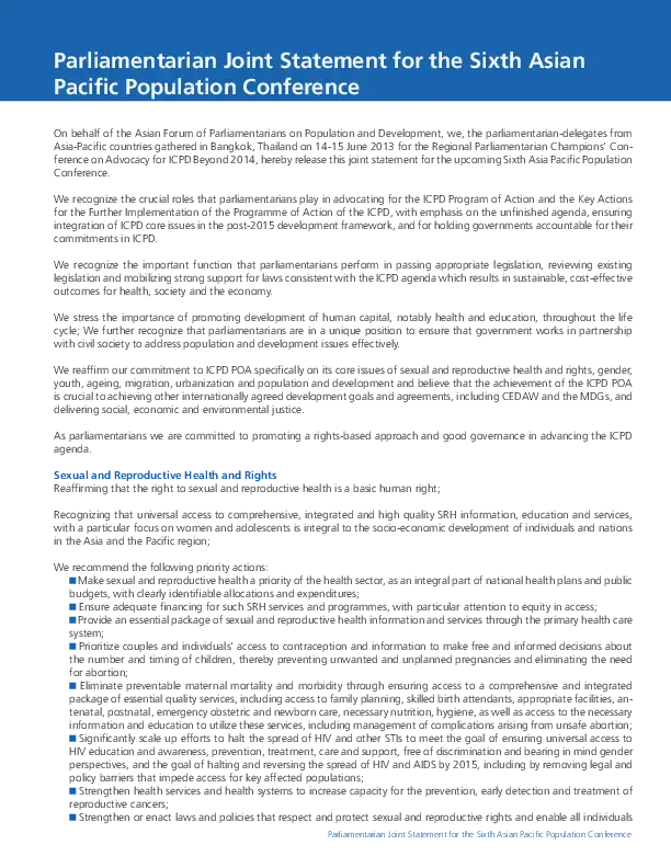 Parliamentarian Joint Statement for the Sixth Asian Pacific Population Conference